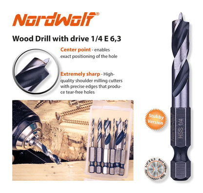 NordWolf 7-Piece HSS Brad Point Stubby Wood Drill Bit Set with 1/4" Hex Shank for Carpenter Woodworking, SAE Sizes 1/16"-3/32"-1/8"-3/16"-1/4"-5/16"-3/8"