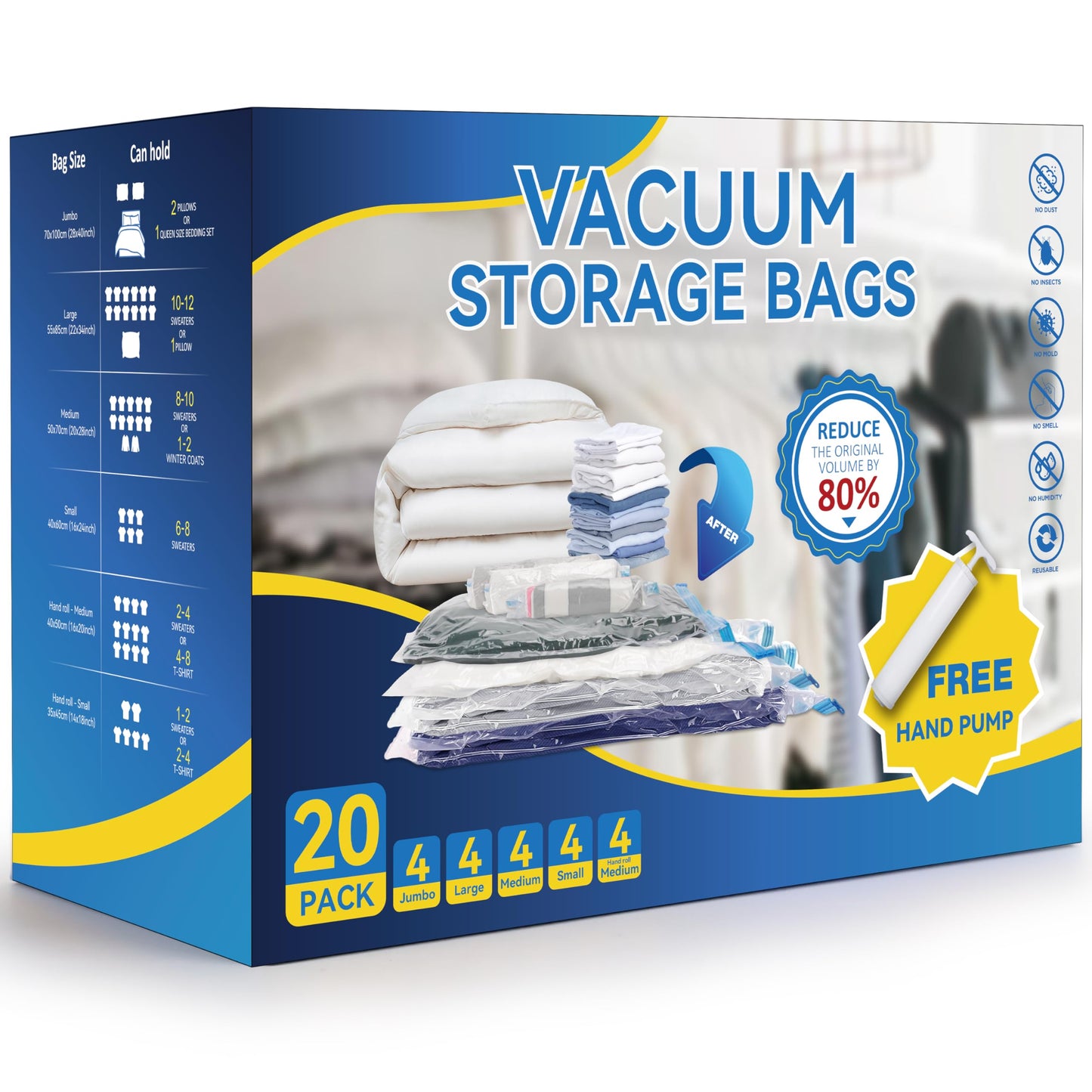 Simple Deluxe 20 Pack Vacuum Storage Bags (4 Jumbo/4 Large/4 Medium/4 Small/4 Roll M) Space Saver Bags, Vacuum Seal Bags with Hand Pump for Comforters, Blankets, Bedding, Pillows and Clothes