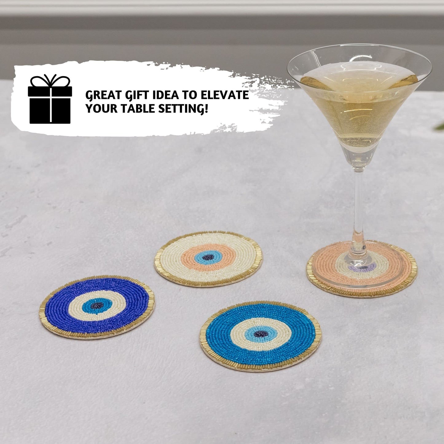 Folkulture Beaded Coasters for Drinks | Set of 4 (4") Round Decorative Bar Coasters for Table Décorations | Cute Boho Coaster Set for Cocktail | Modern Coaster | Evil Eye Gifts for Her