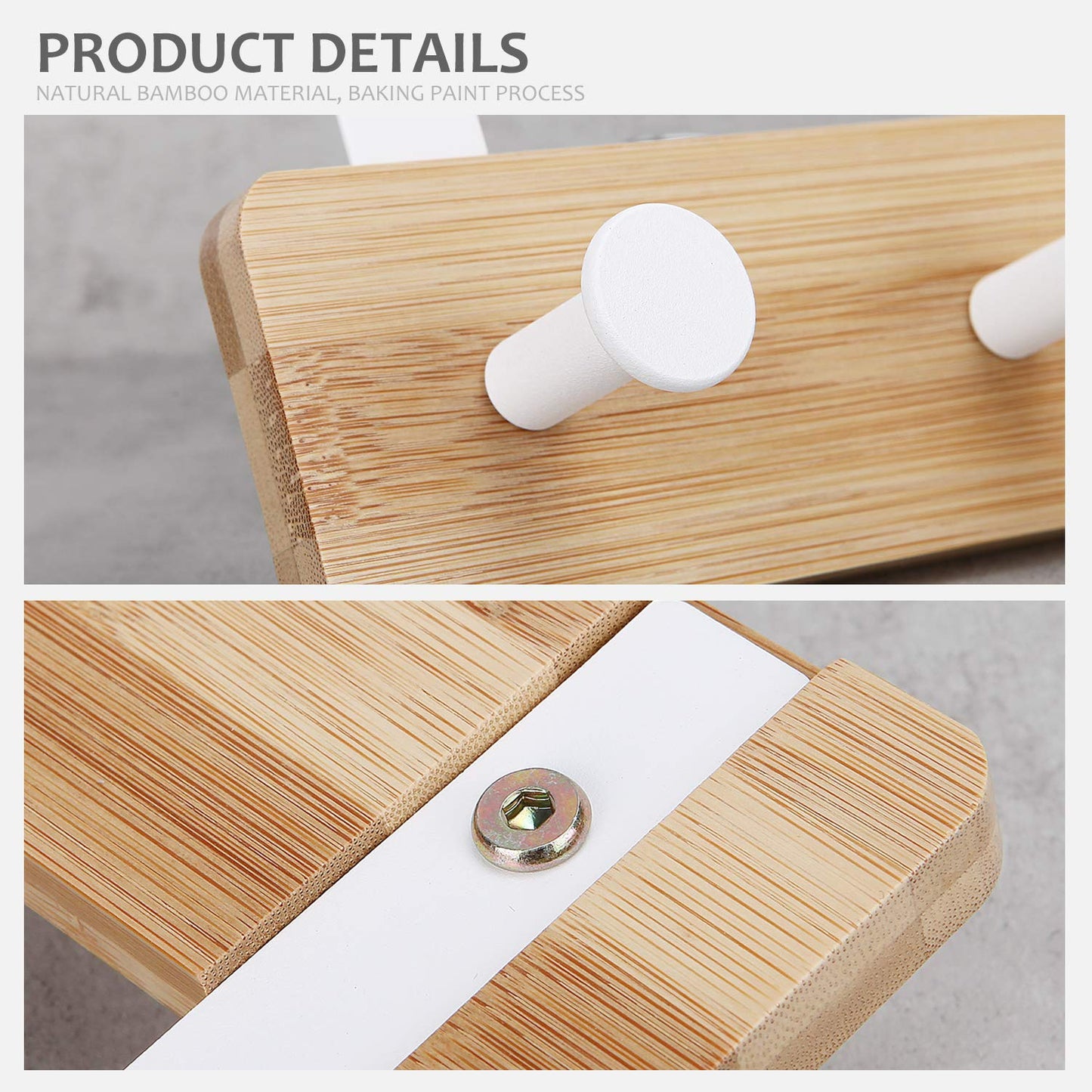 Over The Door Hook Hanger, Bamboo Coat Rack with 5 Metal Hooks, Wood Clothes Organizer for Coat, Towels, Bags, Robes (White)