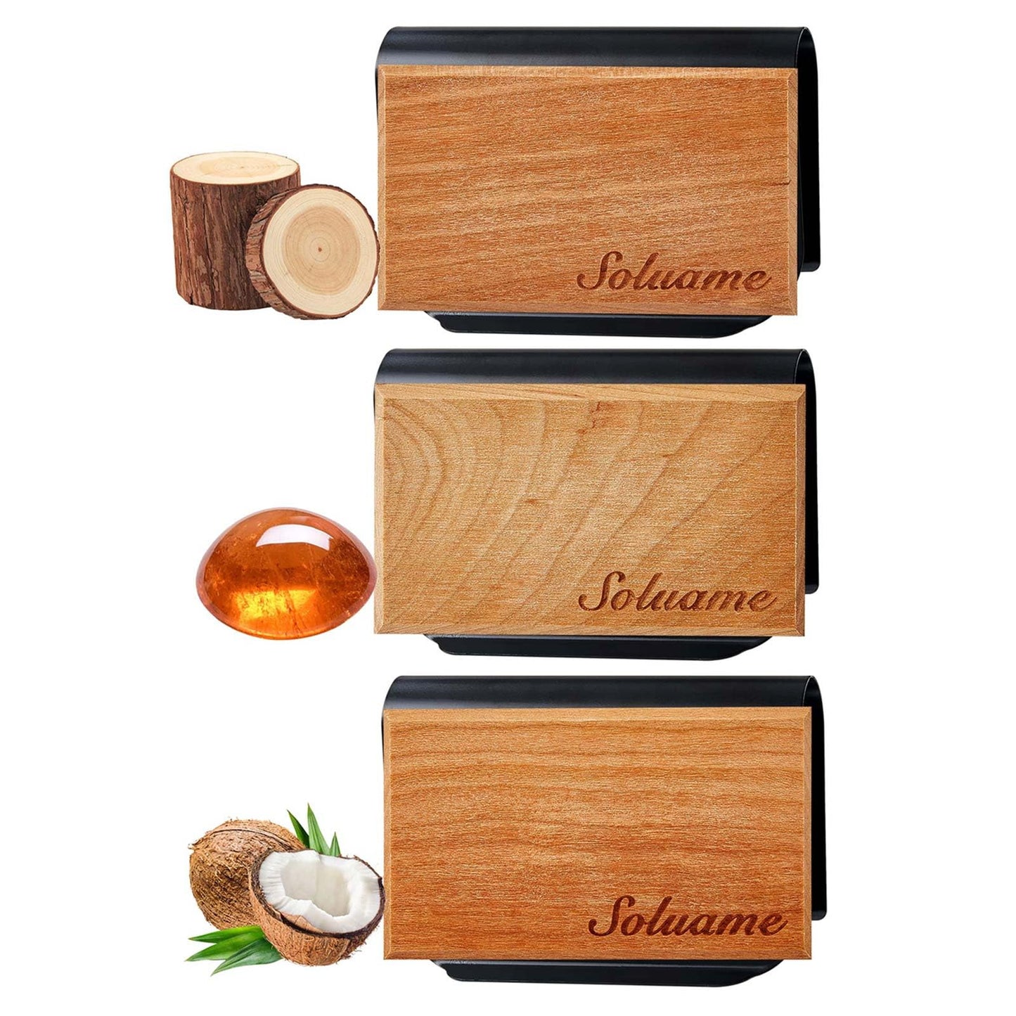Car Air Freshener, Natural Wood Air Freshener Long Lasting, Car Air Freshener Diffuser with Metal Clip, Magnetic Auto Accessories, Car Odor Eliminator Variety Scent Refill (Teak - Coconut - Amber)