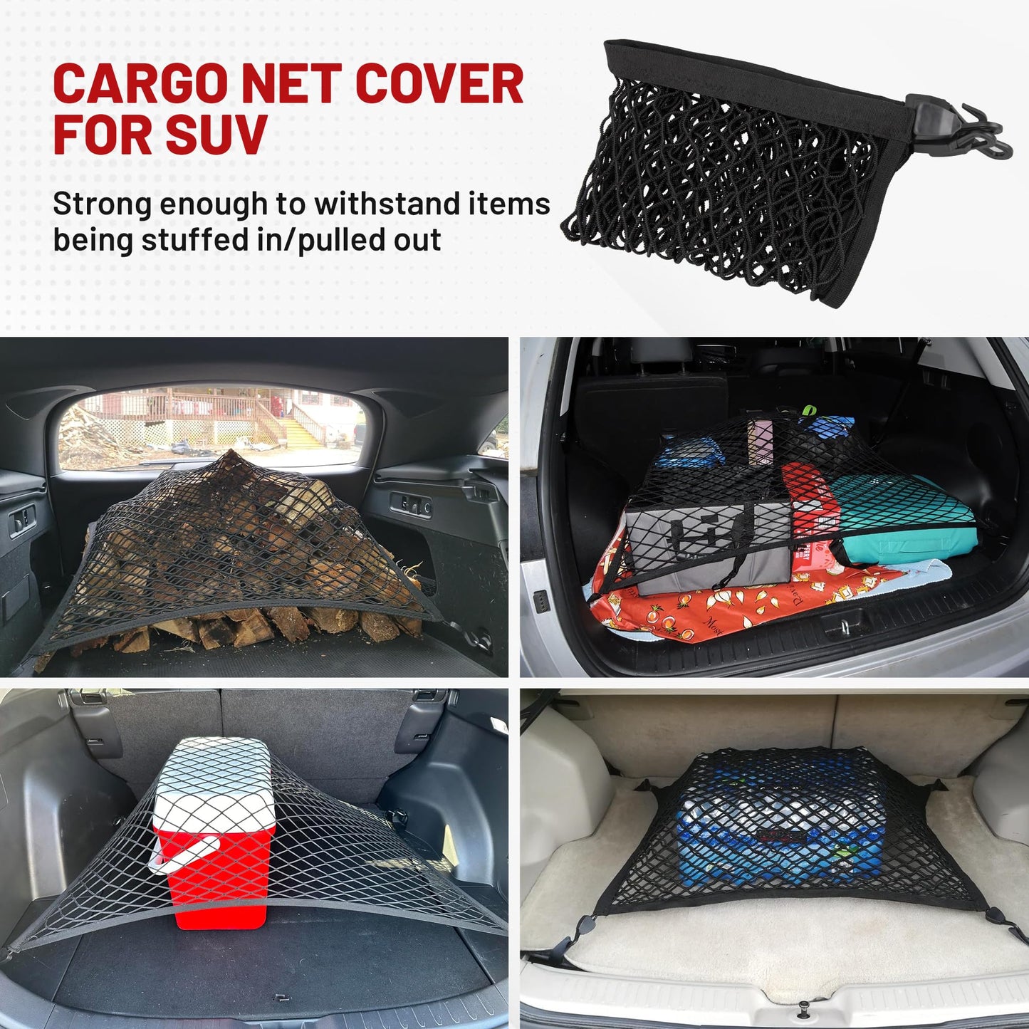 RED WOLF Elastic Cargo Net for SUV Pickup Trunk Bed Netting Trunk Bed Cover Net Stretchable Mesh Organizer 32" x 24" Stretch to 63"x43" with Fixing Hooks D-Rings