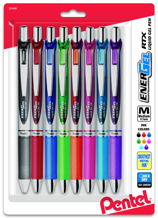 Pentel EnerGel RTX Retractable Liquid Gel Pen, Medium Line, Metal Tip, Assorted Ink, 8-Pack (BL77BP8M)
