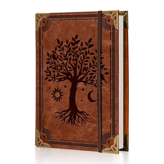 Ovesmusl PU Leather A5 Binder 6 Ring Refillable Journal 100 GSM 240 Pages Refill Paper Include A5 Planner Binder Loose Leaf Binder Notebook 5.7”x8.3”, Brown Tree