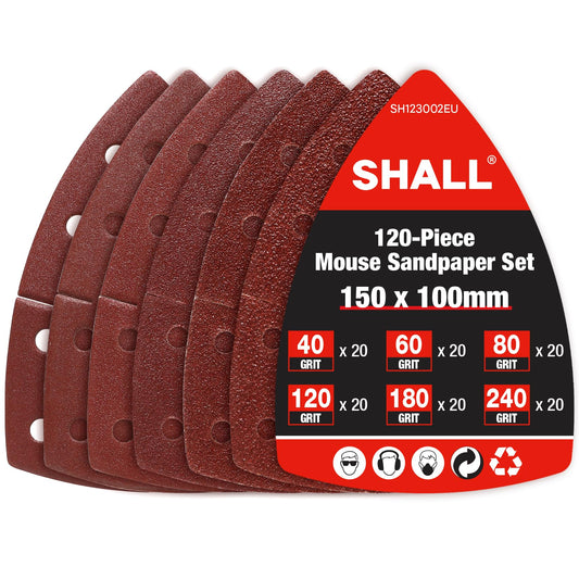 SHALL 120-Piece Mouse Sander Pads, Detail Sander Sandpaper, Palm Sander Sandpaper, Assorted Grits, 40, 60, 80, 120, 180 & 240 Mixed Grits Included, Suitable for Sander
