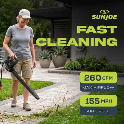 Sun Joe SBJ597E All-Purpose Electric Leaf Blower, 6-Amp Motor, 155 MPH, 260 CFM, Black - Lightweight & Compact, One-Hand Operation for Yards, Porches, Patios, Walkways, Decks, Garage & Light Snow