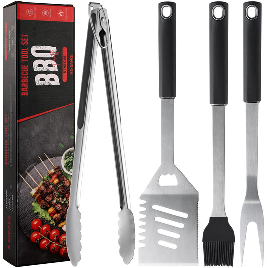 BBQ Accessories Grill Tools, Heavy Duty Grilling Accessories Barbecue Accessories Stainless Steel Grill Accessories with Spatula,Fork,Tongs,Brush and Gift-Box for Outdoor Grill, Home Grill (4PCS)