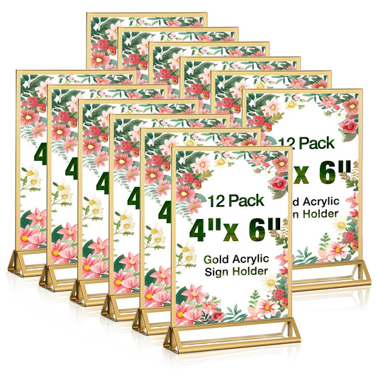 RUITENG 12 Pack Acrylic Sign Holder, 4x6 Clear Gold Frame Display Stand, Double Sided Picture Menu Flyer Holders, Wedding Table Number Frames for Cards Photo Party Decoration (4" x 6")