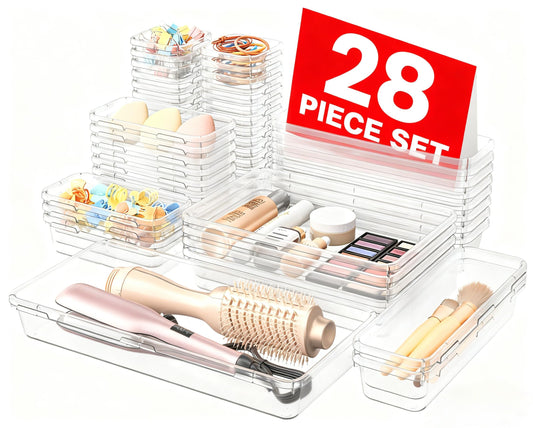 A-LuGei 【Military Grade】 Drawer Organizer, 【𝟱𝗦𝗶𝘇𝗲】 Clear Makeup organizer, 【Holds 177 Items】 Bathroom Organizers and Storage, Plastic Desk Organizer Divider, Organizer Bins for Office Vanity