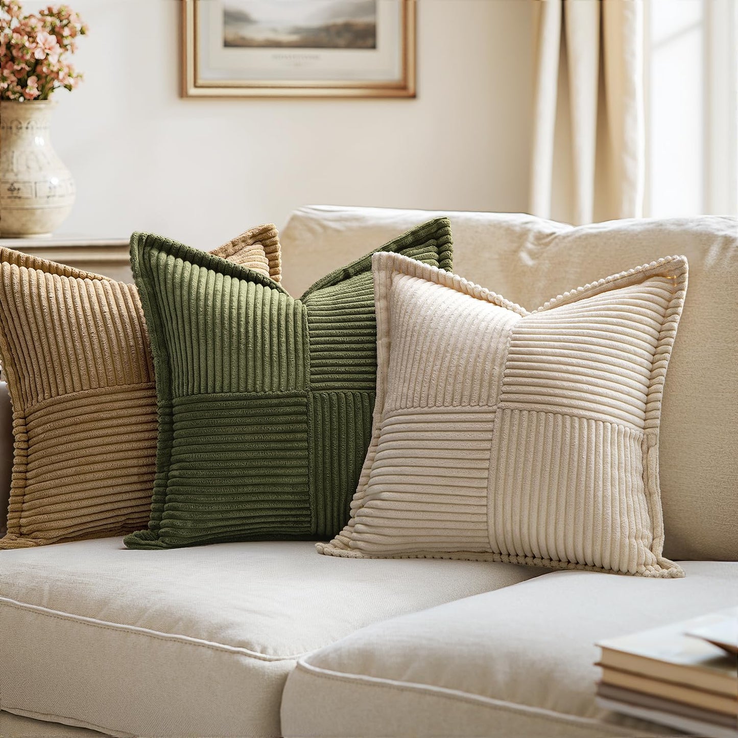 MIULEE Christmas Corduroy Pillow Covers with Splicing Set of 2 Super Soft Broadside Striped Decorative Textured Throw Cases for Cushion Bed Livingroom 18 x 18 inch, Beige