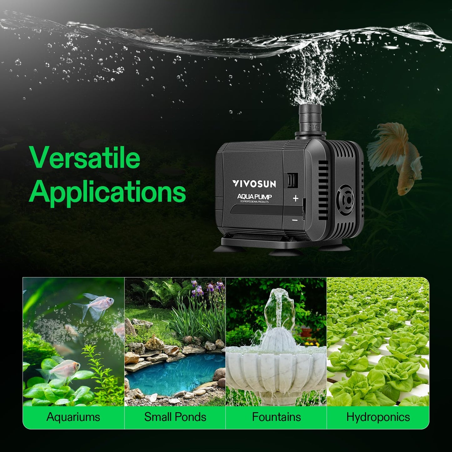 VIVOSUN 400GPH Submersible Pump(1500L/H, 15W), Ultra Quiet Water Pump with 5.2ft High Lift, Fountain Pump with 5ft Power Cord, 3 Nozzles for Fish Tank, Pond, Aquarium, Statuary, Hydroponics