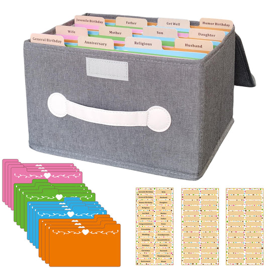 DOFFICE Greeting Cards Assortment Box, Greeting Card Organizer Box with 16 Pieces Colorful Dividers, Storing 120+ Cards with 84 Pieces Self Stick Labels (Grey)