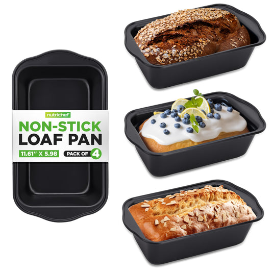 NutriChef Loaf Pans - 4 Piece Nonstick Bread Loaf Pan with Easy Grip Handles, Heavy Duty Carbon Steel, Idea for Cakes, Bread, Loaves and Meatloaf, Dishwasher Safe, 11.6"x5.9"