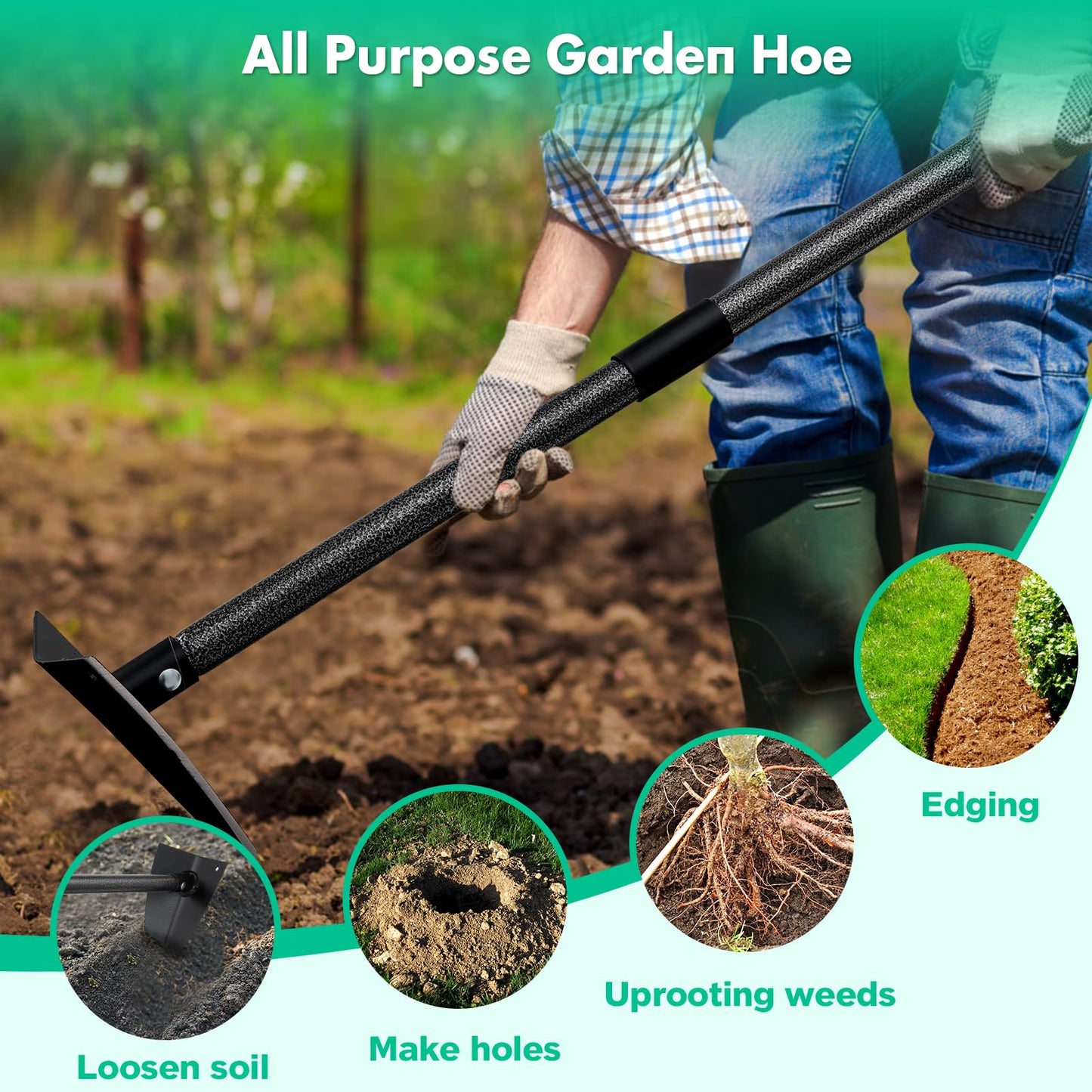 Garden Hoe Tool,Triangle Gardening Hoe with Sharp Blade for Digging,Weeding,Cutting and Loosing Soil,60 Inch Adjustable Length Metal Handle