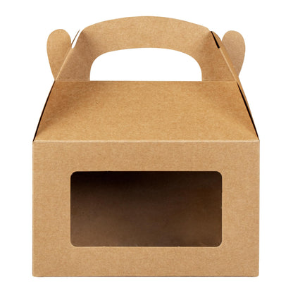 Restaurantware Gable Gift Boxes Pack of 25 Greaseproof Paper Treat Boxes 6 x 3.5 x 3.5 Inches With Window, Disposable Design Kraft Containers for Weddings or Birthdays