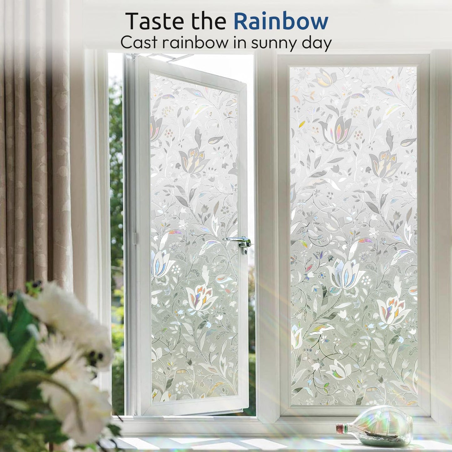 rabbitgoo Privacy Window Film, Decorative Stained Glass Film, Sun Blocking Window Cling, Removable Static Cling Vinyl Glass Sticker for Home, Bathroom Door, Tulip Flower, Clear, 60x200cm