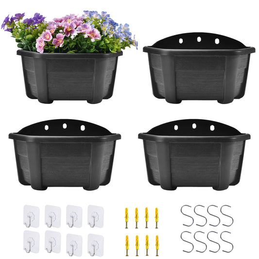 ORIMERC 4 Pcs 25cm Wall Hanging Planter Flower Pot for Railing Fence Balcony Indoor Outdoor Décor Plastic Kitchen Herb Plant Basket Vertical Garden Living Wall Mount-Half Round-Flat Backed-Dark Coffee