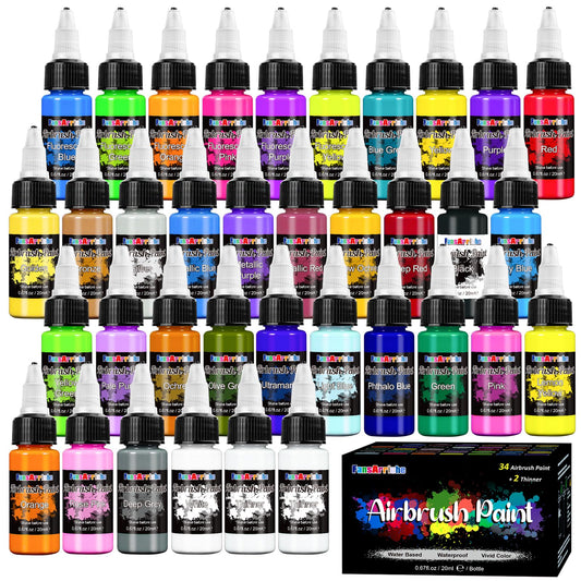FansArriche Airbrush Paint Set, 34 Colors Acrylic Air Brush Paint Kit with 2 Thinner, Ready to Spray Water-Based Opaque & Neon Colors for Beginners, Artists, DIY Projects, 20ml/Bottle