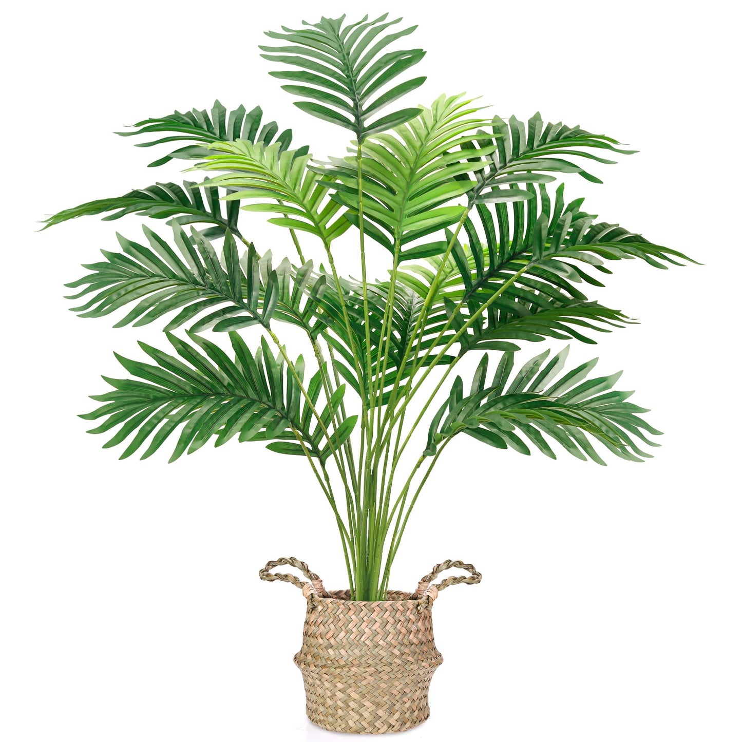 Der Rose Fake Palm Tree 28Inch Tall Fake Plant Potted Faux Areca Artificial Tree with Hand-Woven Baskets with Handles for Indoor Outdoor Home Office Bedroom Porch Balcony Boho Decor