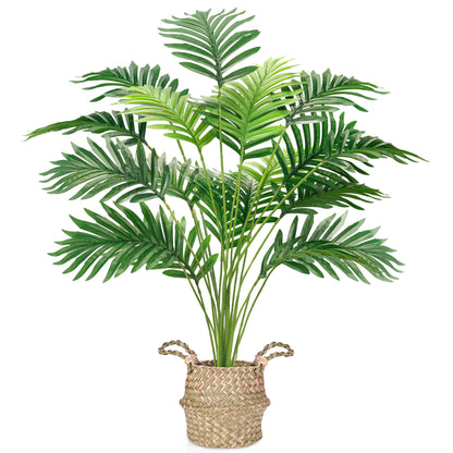 Der Rose Fake Palm Tree 28Inch Tall Fake Plant Potted Faux Areca Artificial Tree with Hand-Woven Baskets with Handles for Indoor Outdoor Home Office Bedroom Porch Balcony Boho Decor