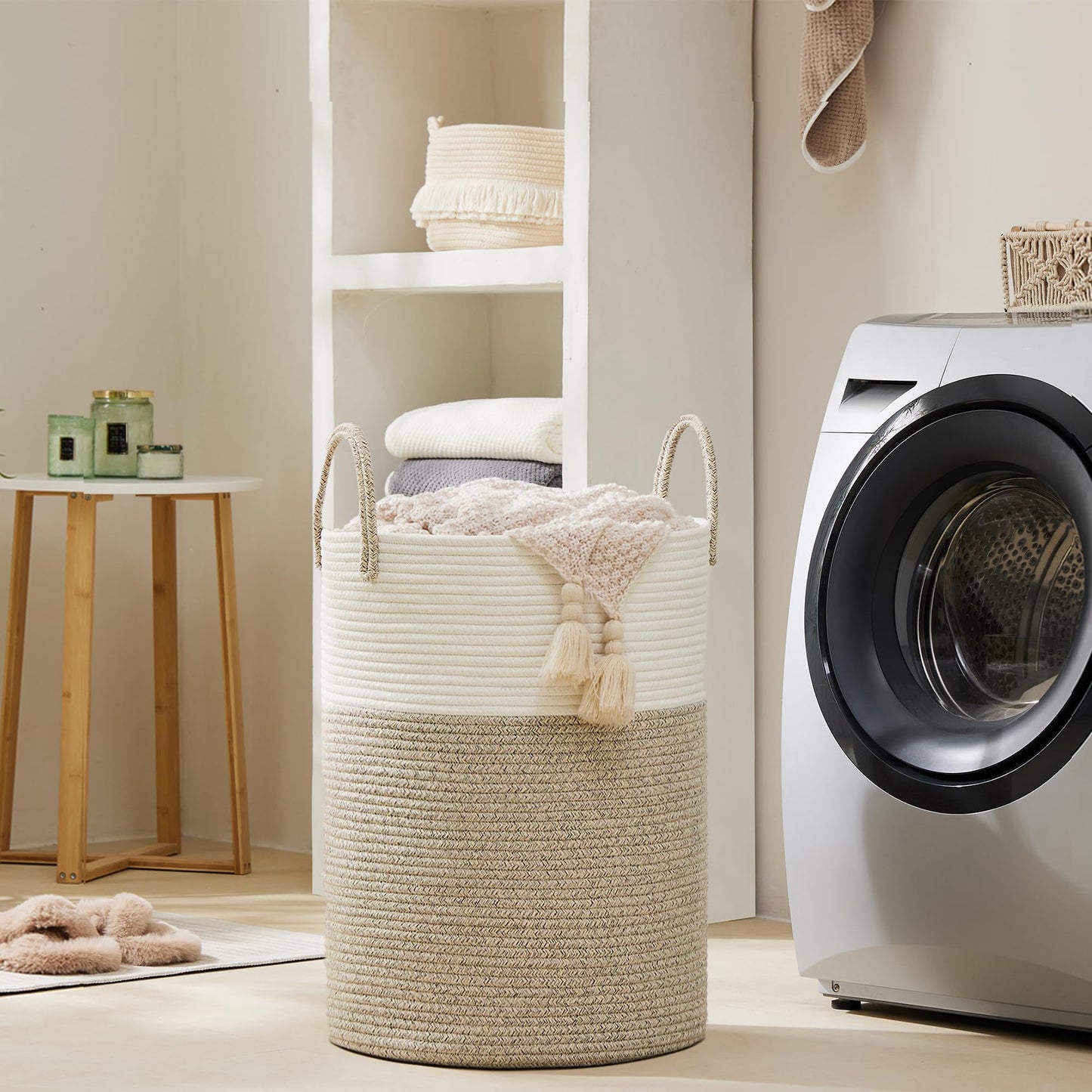 Cotton Rope Laundry Hamper by YOUDENOVA, 58L - Woven Collapsible Laundry Basket - Clothes Storage Basket for Blankets, Laundry Room Organizing, Bedroom Storage, Clothes Hamper – Brown