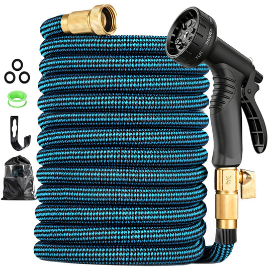 Expandable Garden Hose 30ft Water Hose with 10 Function Nozzle Flexible Expending Hose Kink Free, 3-Layers Latex and 3/4 Solid Solid Fittings Retractable Collapsible Gardening Hose Pipe with Hook Blue