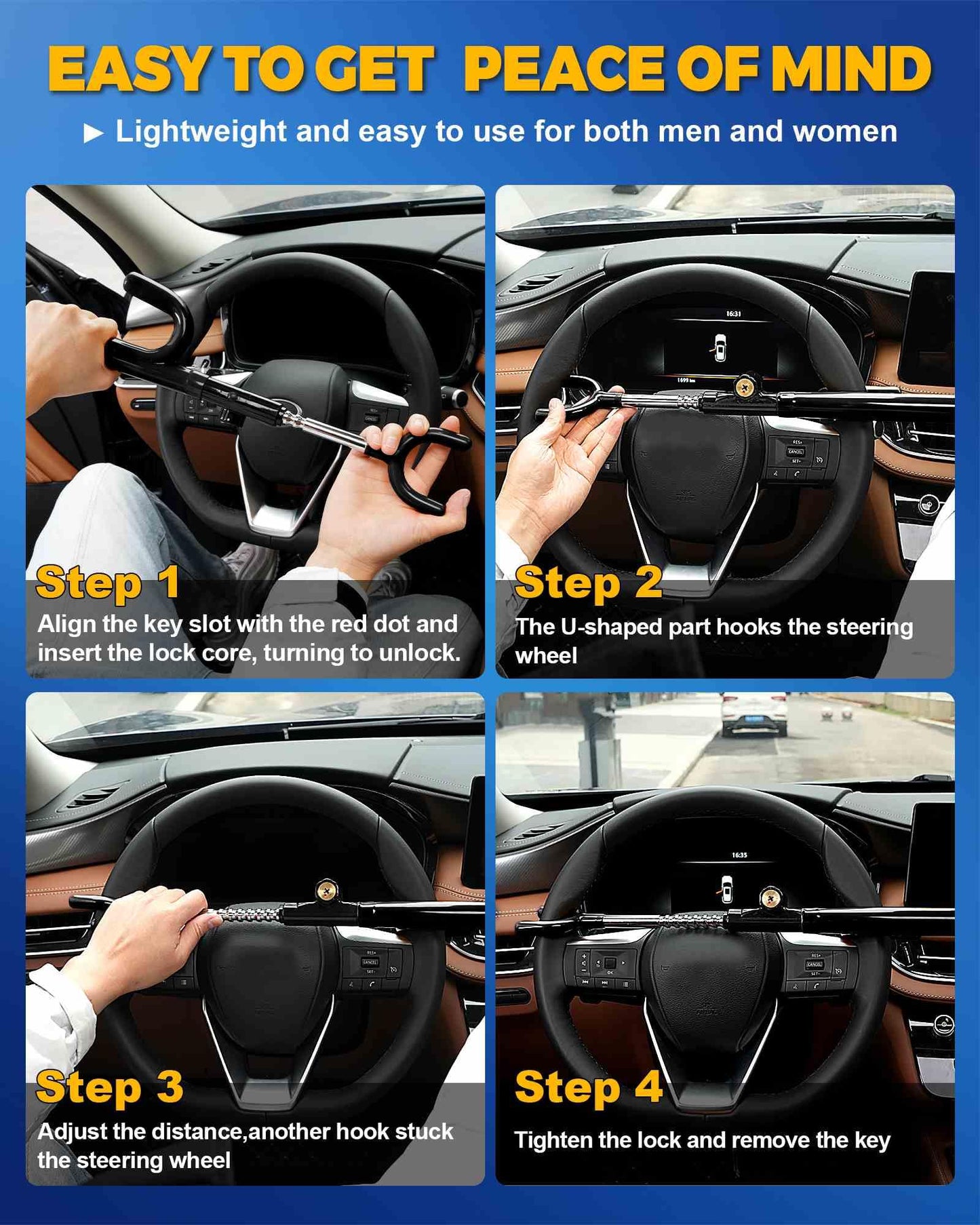 Tevlaphee Steering Wheel Lock Anti-Theft Device Security Car Lock Anti Theft Visible Car Steering Wheel Lock Antitheft Locking Devices Adjustable Car Wheel Lock with 3 Keys (Black)