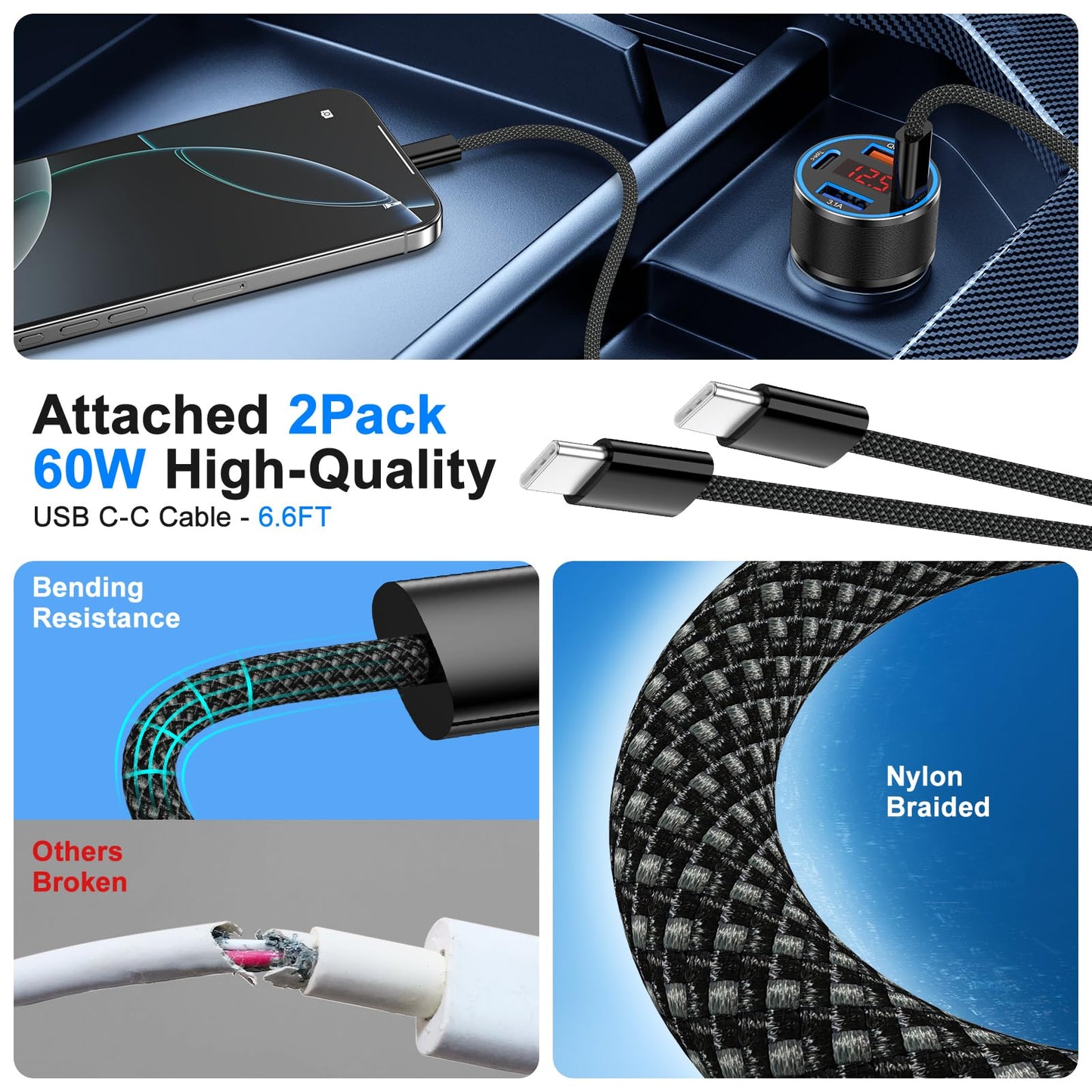 65W i Phone Car Charger Fast Charging, 2Pack 4 Port USB C Fast Car Charger+6ft Type C Cable, Dual USB-C & USB-A Cigarette Lighter Adapter with Voltmeter for i Phone 17 16 15 Pro Max,iPad,Samsung,Pixel