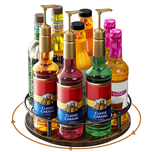Nuovoware 9 Bottles Rotating Coffee Syrup Rack, Coffee Syrup Rack Organizer Carbon Steel Frame with Wooden Base Bottle Holder for Syrups Table Top Thermos Liquor, Brown+Black
