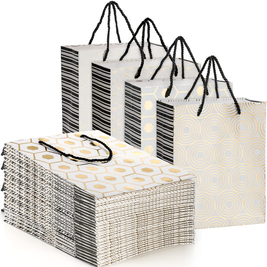Peohud 24 Pack Paper Gift Bags with Handles,Study Gold Paper Present Bags Bulk ,23 x18 x10cm Assorted Shopping Wrap Bags, Reusable Party Favors Bags for Wedding, Birthday, Anniversary, Engagements, Bridal Shower, Christmas
