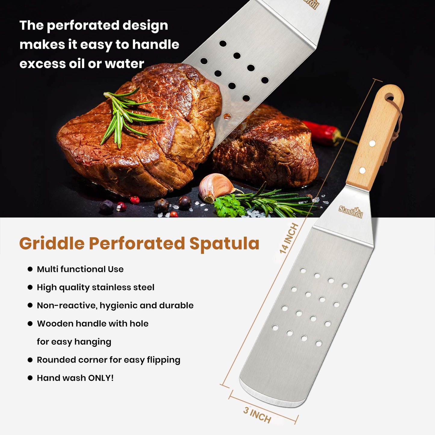 Stanbroil Griddle Accessories Spatula Tools, Set of 4 Stainless Steel Griddle Tools with Wooden Handle, Perfect for Outdoor BBQ Flat Top Cooking Camping Grilling