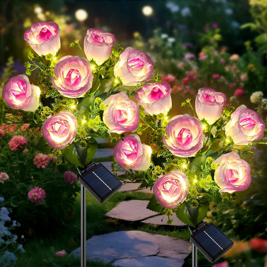 Fohil 2 Pack Solar Lights Outdoor, LED Solar Garden Lights with 14 Flower, 8 Lighting Modes Solar Flowers Lights Outdoor Waterproof for Landscape Patio Courtyard Lawn Decor