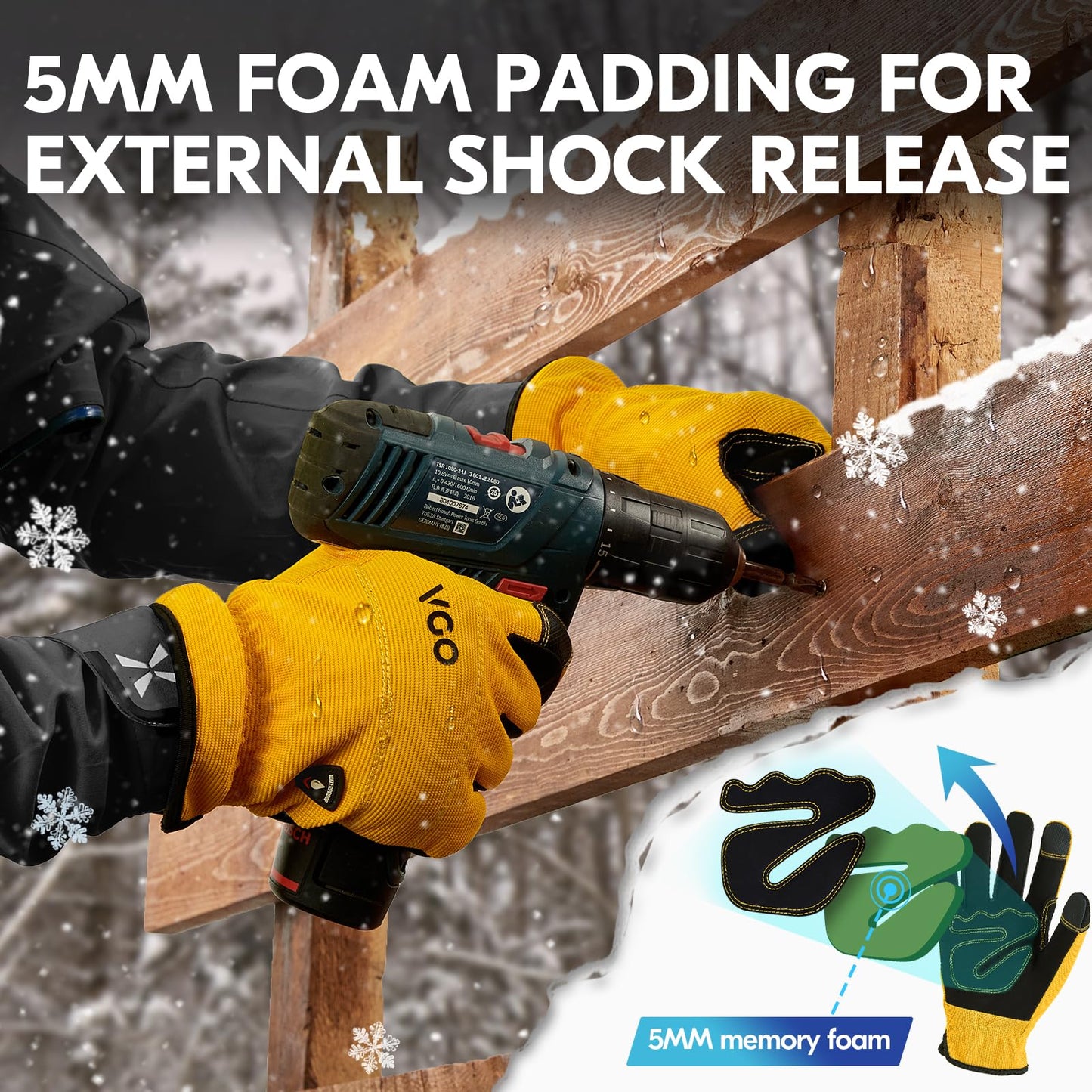 Vgo... 1Pair 5℃/41°F Winter Work Gloves Men, Cold Weather Waterproof Safety Work Gloves,Cold Storage or Freezer Glove, Light Duty Touchscreen Warm Gloves(Yellow,M,NB7581FLWP)