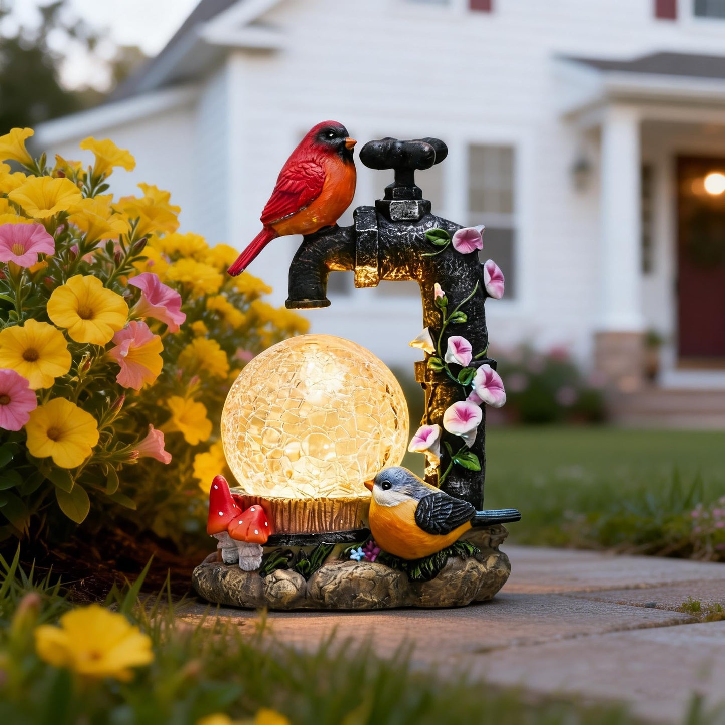 TERESA'S COLLECTIONS Garden Decor, Cardinal Garden Decor, Cute Cardinal and Faucet and Solar Light Glass Ball, Waterproof Resin Garden Statues, Birds Decor Gifts, Birthday Gifts for Women Mom, 6"