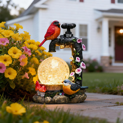 TERESA'S COLLECTIONS Garden Decor, Cardinal Garden Decor, Cute Cardinal and Faucet and Solar Light Glass Ball, Waterproof Resin Garden Statues, Birds Decor Gifts, Birthday Gifts for Women Mom, 6"