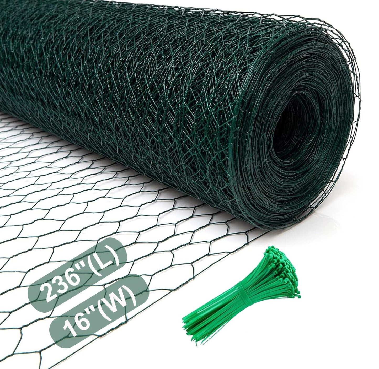 Chicken Wire for Floral Arrangements, 16 x 236 Inches Green Floral Chicken Wire Mesh, 0.6 Inch Hexagonal Galvanized PVC Coated Garden Mesh Netting Fence for Crafts Poultry Garden with 100pcs Ties