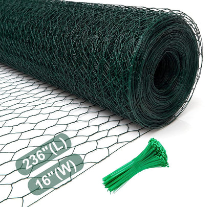 Chicken Wire for Floral Arrangements, 16 x 236 Inches Green Floral Chicken Wire Mesh, 0.6 Inch Hexagonal Galvanized PVC Coated Garden Mesh Netting Fence for Crafts Poultry Garden with 100pcs Ties