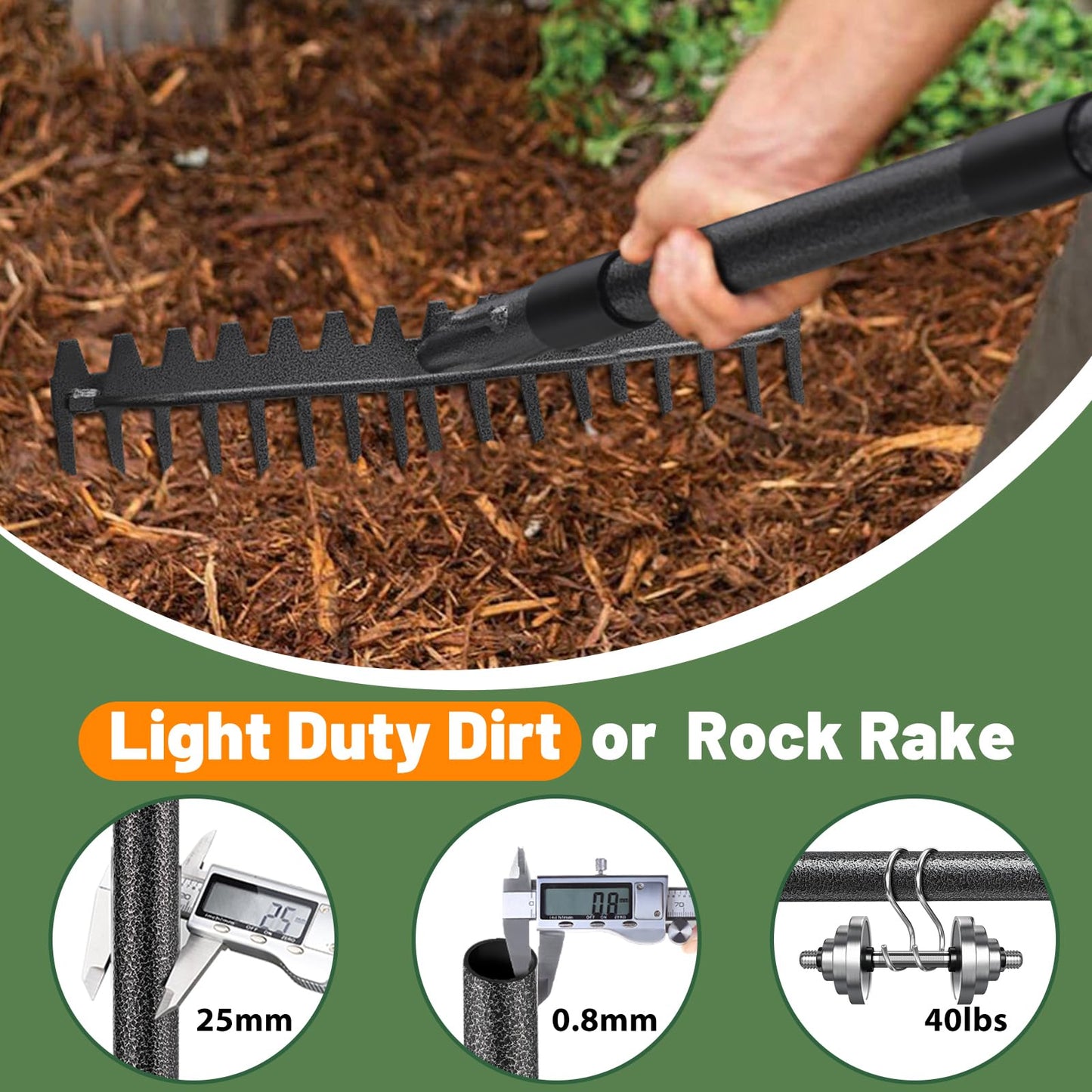 Garden Rake, 49" Long Long Handle, 17" Wide Heavy Duty Garden Leaf Rake for Thatching Raking Leaf Loosening Soil Gathering Mulch Leveling Rocks, Metal Bow Rakes for Leaves Grass