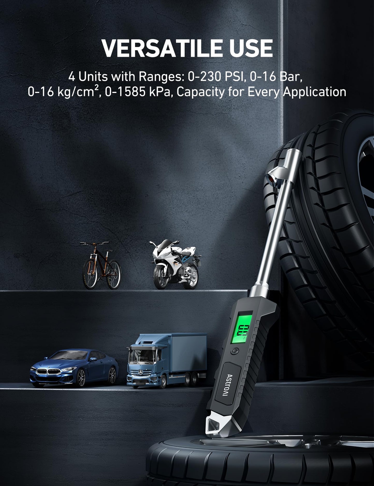 AstroAI Digital Tire Pressure Gauge 230 PSI Heavy Duty Dual Head Stainless Steel Made for Truck and RV with Backlit LCD and Flashlight, Gift for Men