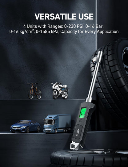 AstroAI Digital Tire Pressure Gauge 230 PSI Heavy Duty Dual Head Stainless Steel Made for Truck and RV with Backlit LCD and Flashlight, Gift for Men