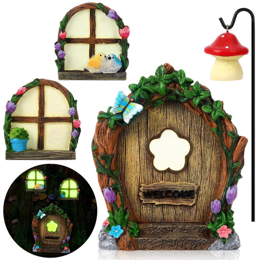 Augshy 4 Pcs Fairy Door Windows and Lantern for Trees Glow in The Dark, Fairy Doors for Trees Outdoor for Rooms Gnome Outdoor Courtyards Lawns Garden Decorations