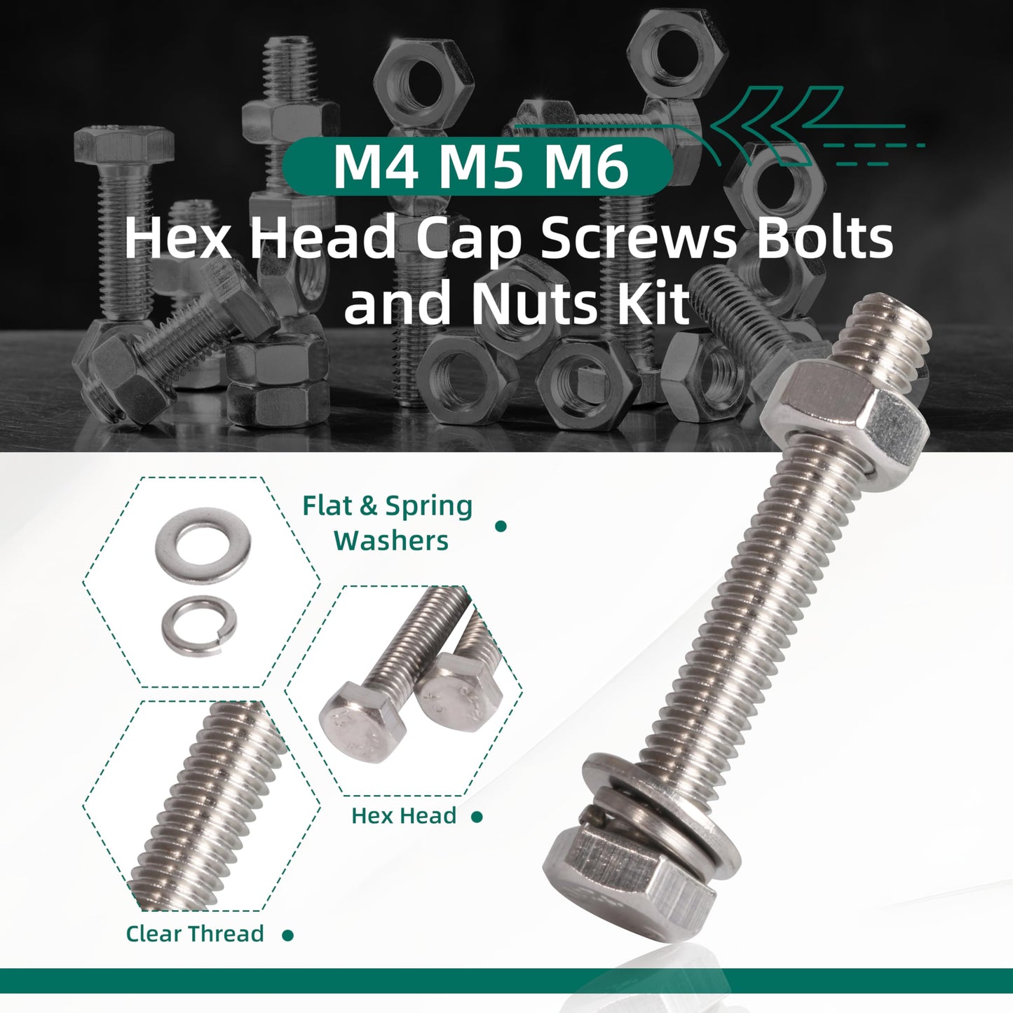 620PCS M4 M5 M6 Heavy Duty Bolts+Nuts Assortment Kit, 304 Stainless Steel, Hex Head Cap Screws Bolts and Nuts Kit with Flat & Spring Washers, Includes 13 Most Common Sizes