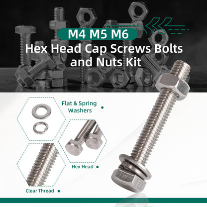 620PCS M4 M5 M6 Heavy Duty Bolts+Nuts Assortment Kit, 304 Stainless Steel, Hex Head Cap Screws Bolts and Nuts Kit with Flat & Spring Washers, Includes 13 Most Common Sizes