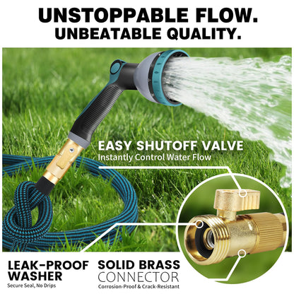 Upgarded 50FT Expandable Garden Hose with 10 Pattern Spray Nozzle Solid Fitting – Lightweight Kink-Free Retractable Water Hoses for Gardening - Blue