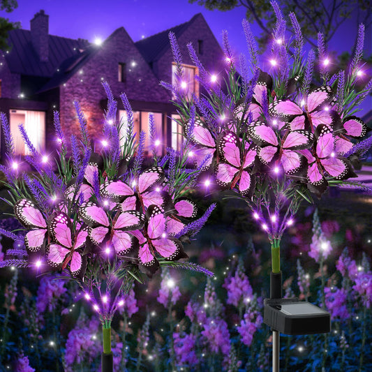 Dremisland Solar Garden Lights 2Pack Solar Flowers Lights Outdoor Waterproof Purple Lavenders Solar Butterfly Lights Flower Garden Decor for Yard Patio Pathway Lawn Courtyard (Purple Light, 2PCS)