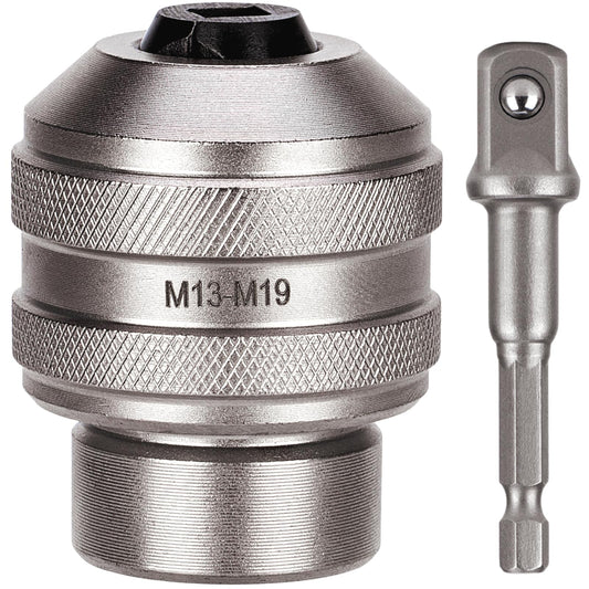 Topec Tap Socket Set, 2-Piece 1/2"DR x M13~M19 Adjustable Tap Chuck Tool with a 1/2"Socket Adapter, Tap Handle for Taps, Reamers, Screw Extractors