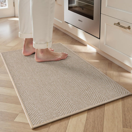 PADOOR Kitchen Rugs-Non Slip Washable Kitchen Mats for Floor-Absorbent and Easy to Clean Rugs for Kitchen in Front of Sink, Laundry, Office, Home, 17"*30", Beige