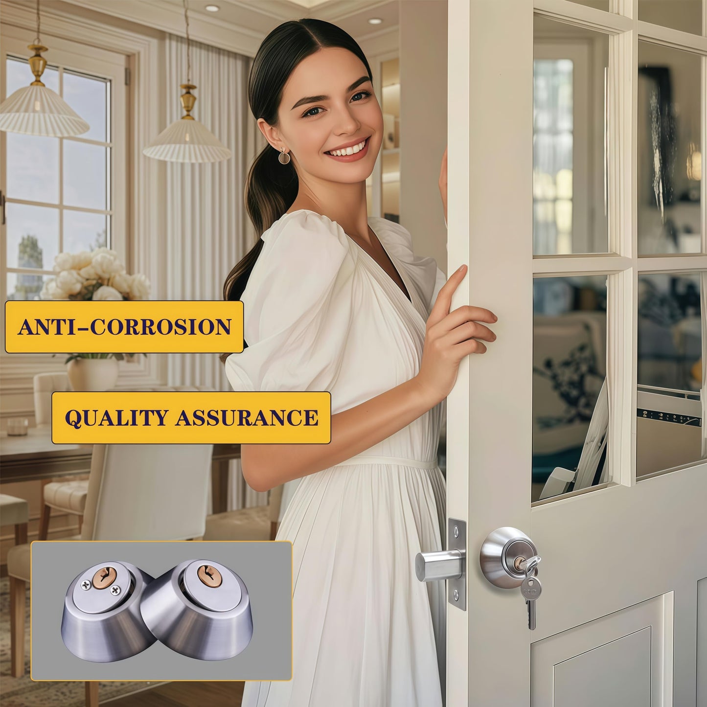 Eiqikayo Silver Steel Double-Head Cylinder Deadbolt Lock- High Security Anti-Kick Door Lock, Easy to Install, Fits Standard Doors, for Home, Apartment and Office Security