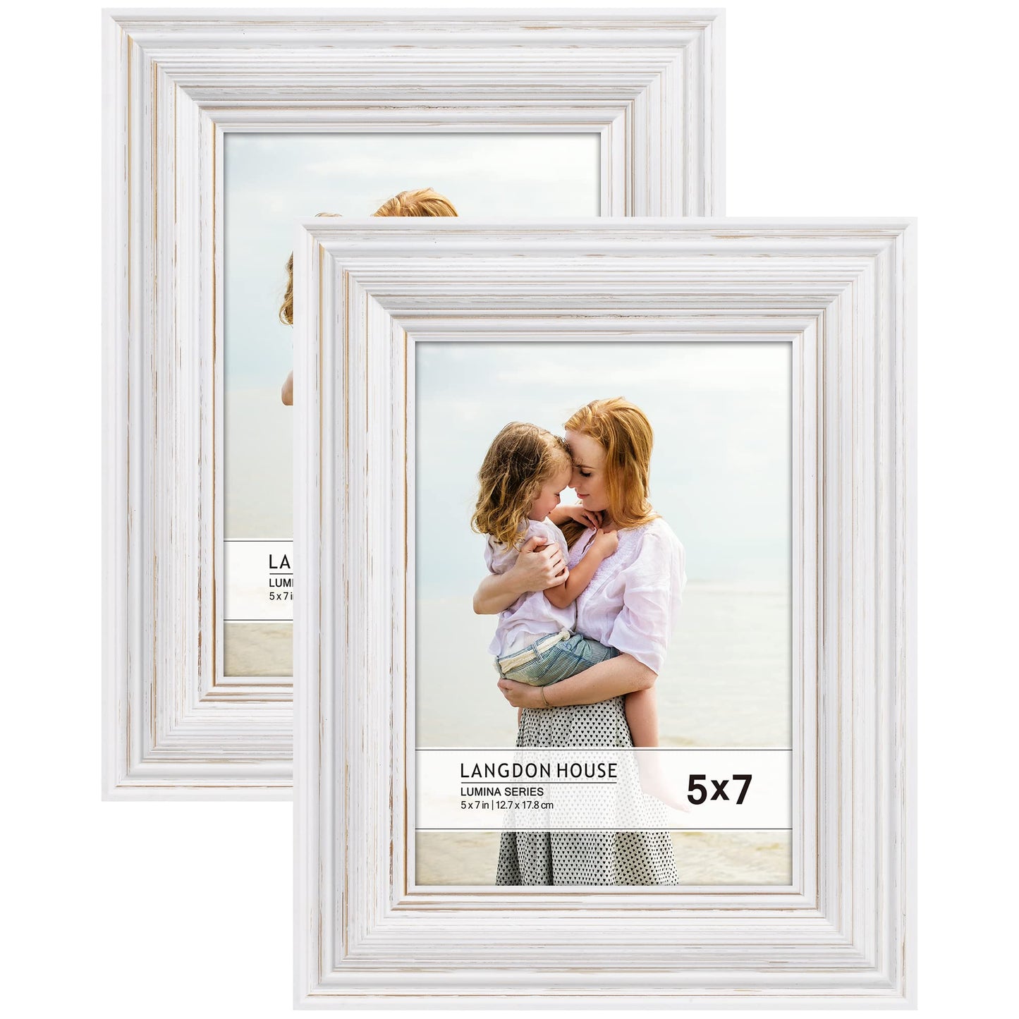 Langdon House 5x7 (13x18 cm) Real Wood Picture Frames (Weathered White - Gold Accents, 2 Pack), French Country Style Wooden Photo Frame 5 x 7, Lumina Collection