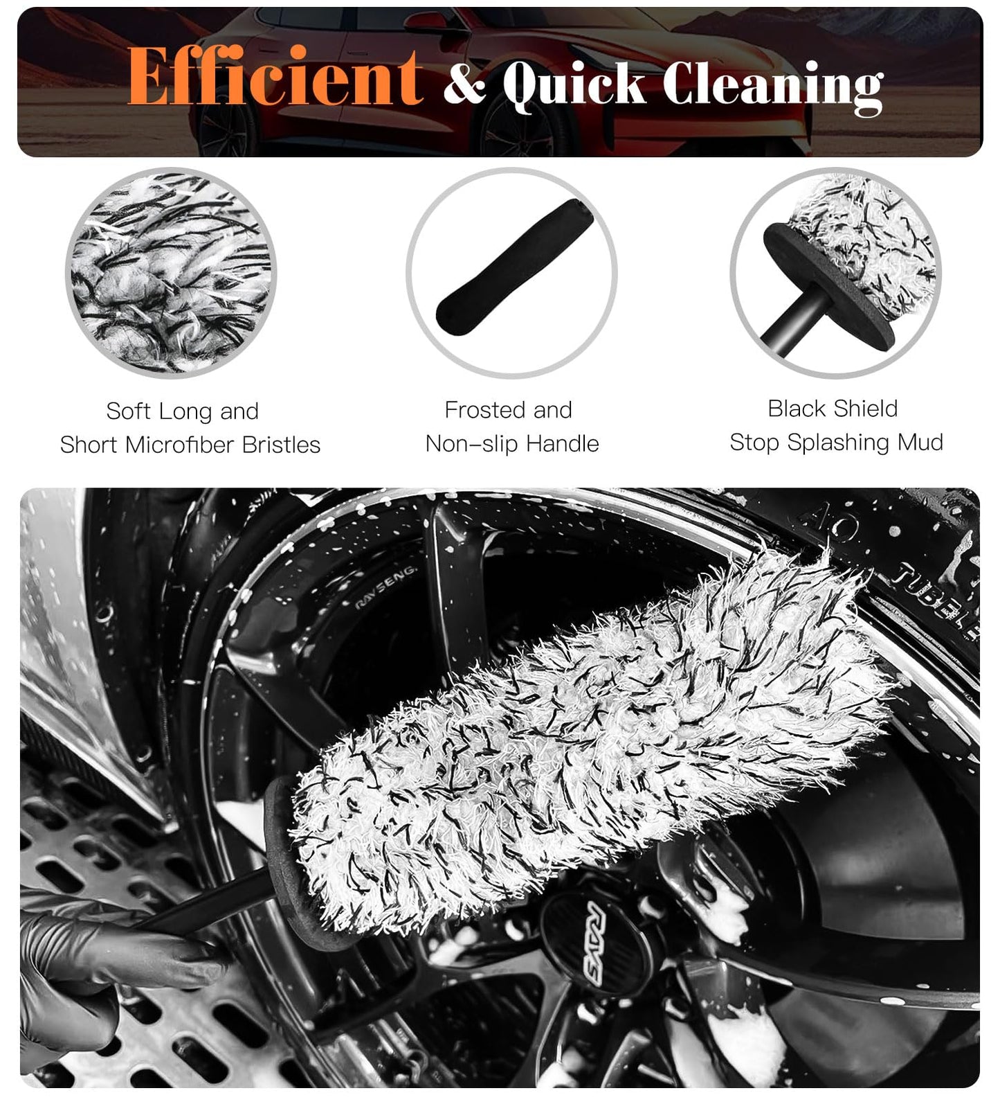 YeewayVeh Car Wheel Brush Kit, 4PCS Microfiber Wheel Cleaner Brush, Soft & Scratch-Free Detailing Brush and Tire Brush, Professional Wheel Cleaning Kit for Car Rim Fenders Engine Exhaust Tips, Orange